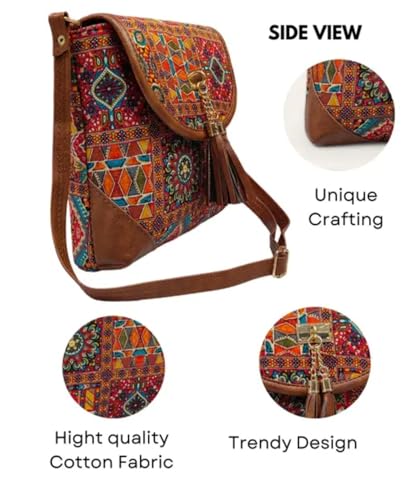 Sac à bandoulière bohème résistant en cuir marron et patchwork multicolore - 2
