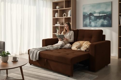 Image of FURNY Tressa 2 Seater Fabric Pull-Out Sofa Cum Bed (Dark Brown) - Premium Velvet Finish - Durable Comfort - Ideal for Living Room