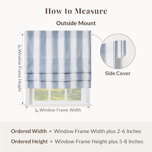 Image of TWOPAGES No Drill Wide Stripe Roman Shades Cordless Roman Blinds for Windows, Custom Made Light Filtering Blackout Blinds Farmhouse Shades for Kitchen, Blue Bordered Wide Bar, 1 Piece
