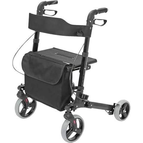HealthSmart Walker Rollator With Seat And Backrest, Adjustable Handle Height, FSA HSA Eligible, Storage Bag And A Durable Lightweight Frame That Easily Folds While Supporting Up To 300 pounds, Black Cover