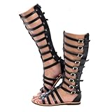 Women Gladiator Sandal Summer Casual Black Knee High Roman Flats Buckle Ankle Strap Open Toe Breathable Sandals