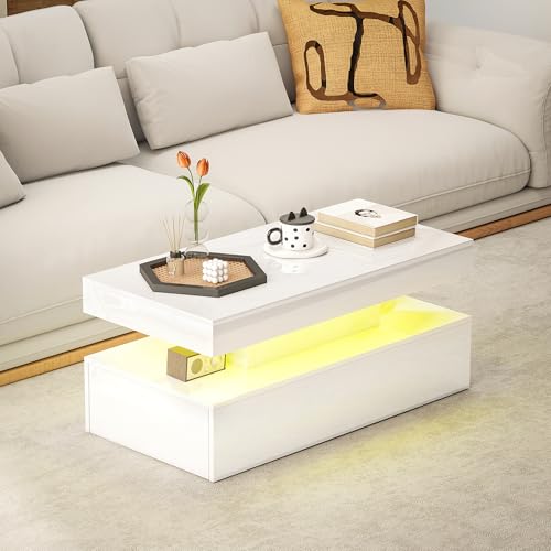 HOMCOM LED Coffee Table with Storage, Modern High Gloss Living Room Table with 2 Drawers, Open Shelf and Remote Control, White - Image 7