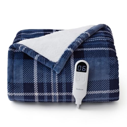 Image of Bedsure Blue Plaid Heated Throw Blanket, Flannel Sherpa Electric Blanket