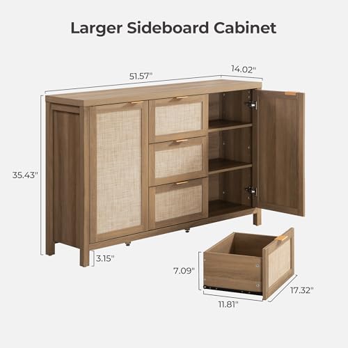 Image of SICOTAS Rattan 52 Inch Sideboard Buffet Coffee Bar Cabinet with 3 Drawers | 2 Pieces Farmhouse Boho Credenza Storage Cabinet with Large Storage, Console Table for Living Room, Kitchen, Entryway