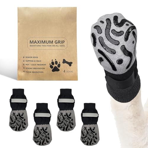 4 Stück hundesocken Anti rutsch | hundesocken gegen lecken | verstellbare antirutschsocken Hund | pfotenschutz Hund für ältere auf Hartböden im Innenbereich (Schwarz, XS)
