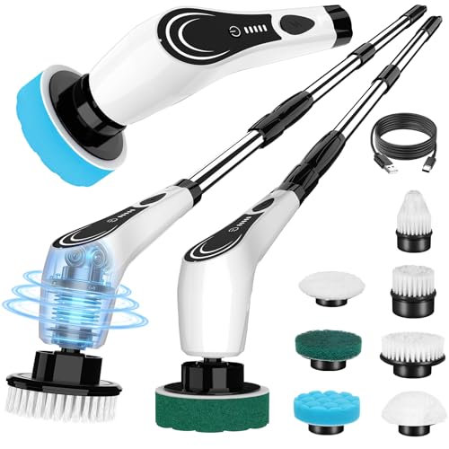 Lichffy Electric Spin Scrubber Cordless Power Scrubber with 7 Replaceable Brush Heads 2-Speed Adjustable Handle IPX7 Waterproof Shower Scrubber for Bathroom Tile Tub White-rx2