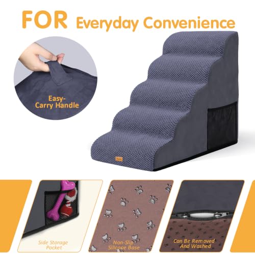 Image of Topmart High Density Foam Dog Steps 5 Tiers, Extra Wide Deep Pet Steps | Non-Slip Dog Stairs Ramp for Bed, Soft Foam Cat Ladder,Best for Older Injured, Older Pets, Cats with Joint Pain