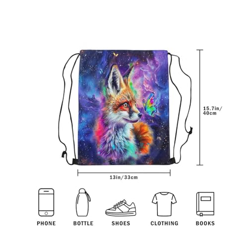 Erosebridal Fox Draw String Back Bag,Hand Drawn Kawaii Fox Drawstring Backpack,Cartoon Graffiti Spatter String Backpack For Sport Gym,Rainbow Wild Butterfly Drawstring Bags 13X15.7,Purple,Blue,Green4