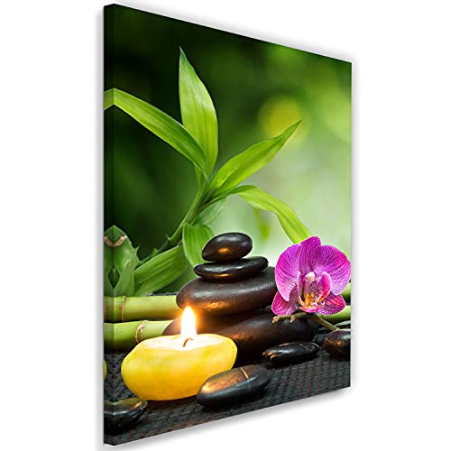 Feeby Impression sur Toile Intissee Détente Bambou Bougies 40x60 cm Tableau Moderne Tableau Photo Chambre à Coucher Cailloux Spa Zen Orchidée vert