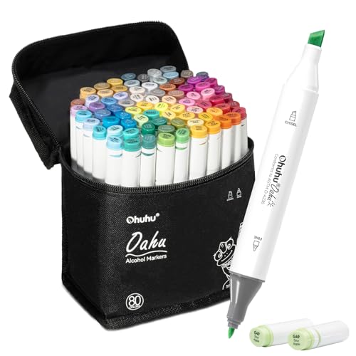 Ohuhu Alcohol Markers - AP Certificated 80-color Dual Tips Art Marker Set for Artist Designer Adults Coloring Illustration, Chisel and Fine Dual Tips,