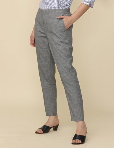 Image of WEARHOUSE Women's Polyester Solid Formal Elasticated Trousers Pant | Stripped Regular Fit for Office | Formal | (Grey)