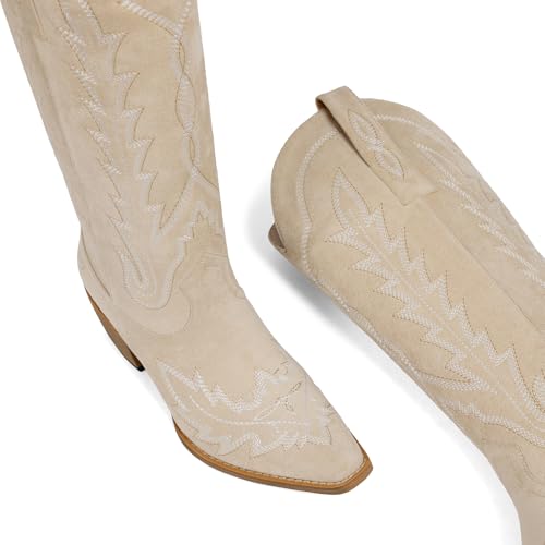 Image of mikarka Western Cowboy Boots for Women Cowgirl Knee High Boots Pointed Toe Chunky Heel Faux Leather & Suede Vintage Classic Tall Boots
