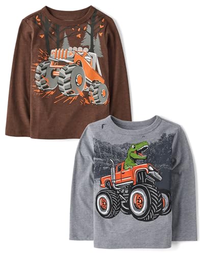 The Children's Place,Baby Boys,and Toddler Dino Long Sleeve Graphic T-Shirts,multipacks,Monster Truck/Dino Monster Truck 2- Pack,5 Years