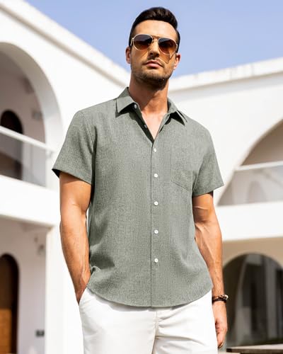Image of Alimens & Gentle Mens Linen Shirts Short Sleeve Button Down Shirts Wrinkle Free Casual Vacation Beach Summer Tops