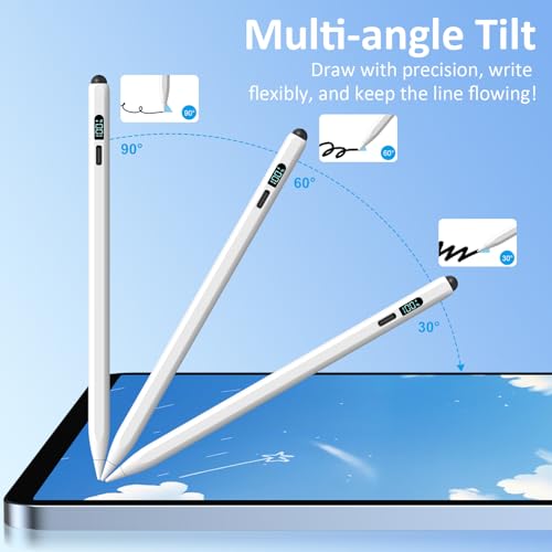 Image of DIGIROOT iPad Pencil LED Display 15 Mins Fast Charge Stylus Pen for iPad with Palm Rejection for 2018-2025 iPad Air 3 /4 /5 /M2 /M3, iPad mini 5 /6, iPad 6 /7 /8 /9 /10 /11, iPad Pro 11 inch,12.9 inch&M4 (White)