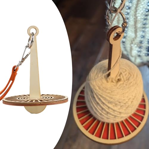 Image of Portable Wrist Yarn Holder - Orange Twizzling Yarn Organizer with Leather Wristband and Wooden Stand, Ideal Knitting Supplies & Crocheting Gift for Craft Enthusiasts