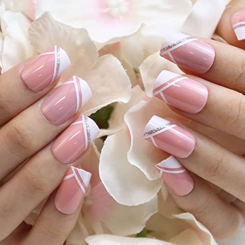 Gors Spring Summer French Tips Press On Nails - Medium Simple White Glitter Powder Fake Nails Glue On Nails,Full Cover Stick On Nails False Nails,Acrylic Nails Artificial Nails For Women 24Pcs/Set #TOP2