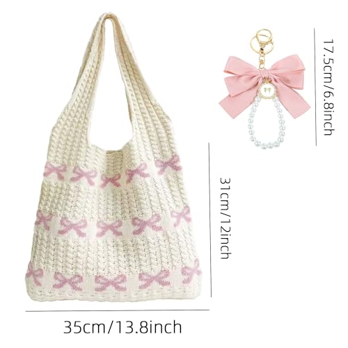 Image of JeVenis Crochet Tote Coquette Bow Aesthetic Beach Mesh Knitted Shoulder Bag | Crochet Tote Coquette Bow Aesthetic Hobo Bag for Women Boho Shoulder Handbag Beach Mesh Knitted Shoulder Bag
