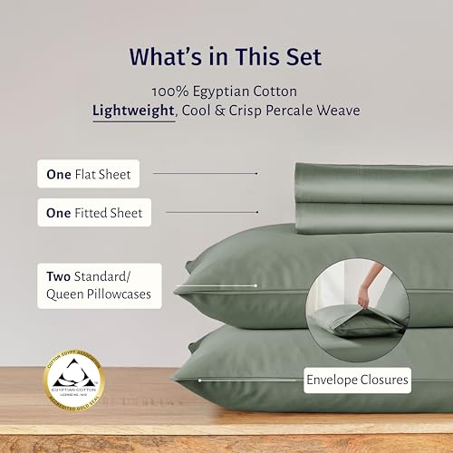 California Design Den Certified 100% Egyptian Cotton Sheets Full Size Set - Lightweight, Crisp Percale, Full Size Bed Sheets Cotton Set, Deep Pockets, Durable Luxury Bedding (Sage Mist - Gray Tone)