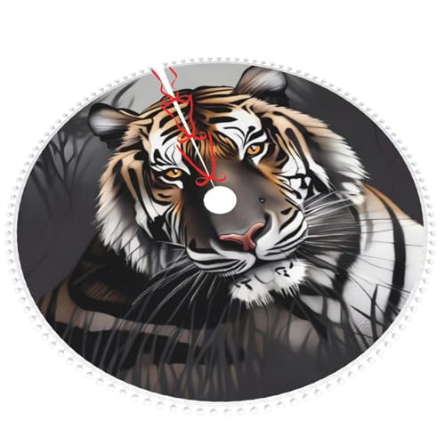 Jupe de sapin de Noël 122 cm tapis double couche bordure pompons Tiger at Rest - 3