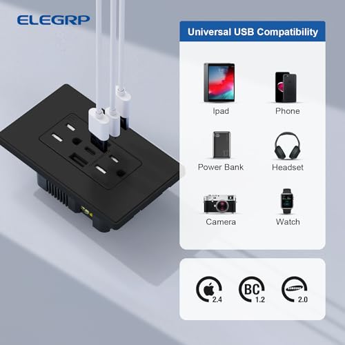 ELEGRP USB Wall Outlets, 3-Ports USB C Wall Outlets Receptacles, Matte Black 15 Amp Outlets with 3 Ports, TR Tamper-Resistant USB Outlets, Screwless Wall Plate Included, UL & CUL Listed, 1 Pack by ELEGRP - Image 4