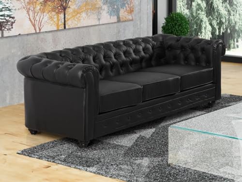 Sof√° de 3 plazas en Simili Chesterfield ‚Äì Negro ‚Äì Venta √∫nica