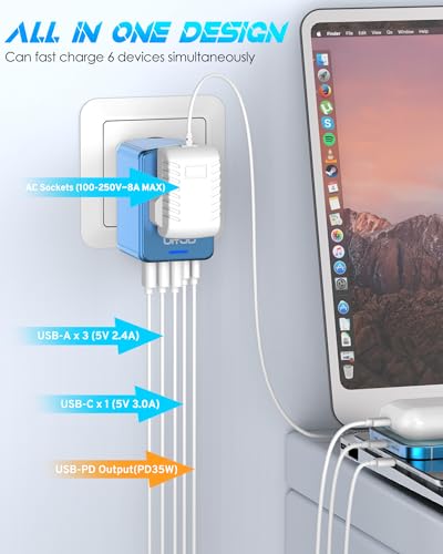 Image of Universal Travel Adapter, 35W PD Fast Charging & 2 USB C 3 USB A & 2500W AC Outlet, International Power Adapter for Europe UK US AU 200+ Countries, Compatible with iPhone 16 15, MacBook, Laptop