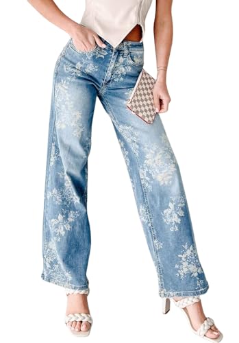 chouyatou Women Distressed Y2K Floral Print Jeans Casual Straight Leg High Waisted Trousers Denim Pants