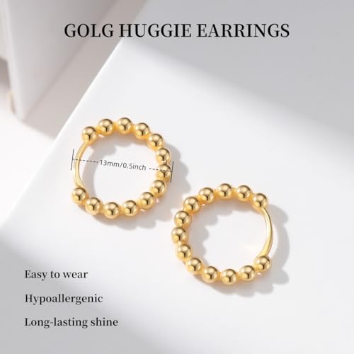 14k Gold Filled Huggie Hoop Earrings for Women - Dainty Small Beaded Hypoallergenic Jewelry Gift2