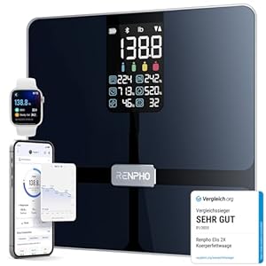 RENPHO Körperfettwaage mit großem Display, Personenwaage Ultrapräzise Waage mit Körperfett und Muskelmasse, Trend, Smart Waage Personen mit App, ITO Körperwaage, Schwarz, Elis 2X