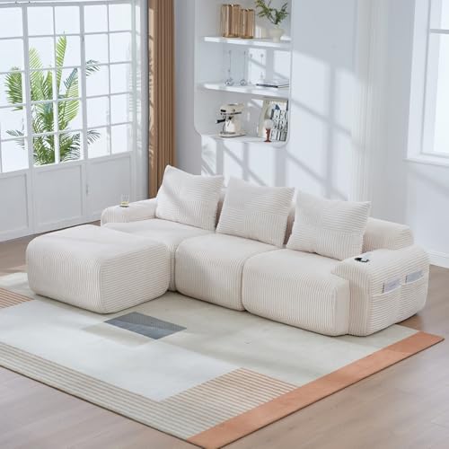 EURHCIO Canapé d'angle 3 Places Salon,Canapé en L Modulable avec 3 Coussins et 1 Pouf,avec Porte-gobelets et Poches latérales,Tissu Velours...