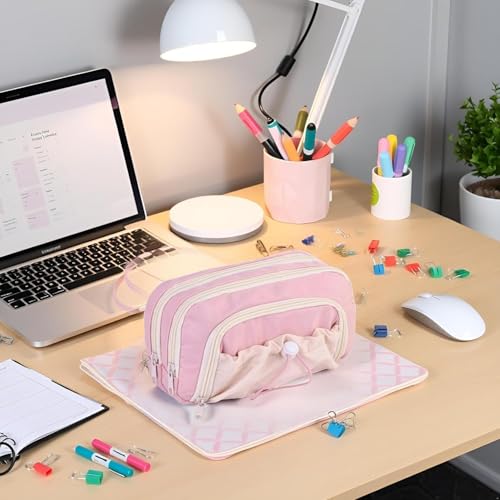Image of Canvas School Bag Pencil Case, 3 Layer 6 Compartment Large Capacity, Aesthetic Pencil Pouch for Stationary, Cute Stationery for Kids, Pencil Case for Girls & Boys (Dori-Pink)