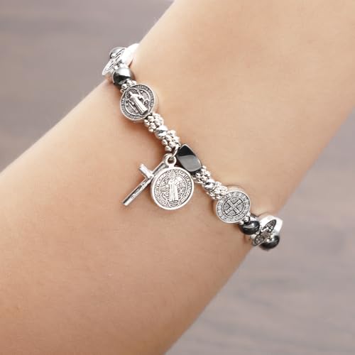2 Pcs St Benedict Bracelets with Saint Benedict Medals and Crucifix,Catholic Rosary Bracelet with Prayer Card for Women Men Gift,Medalla De San Benito Rosary Jewelry4