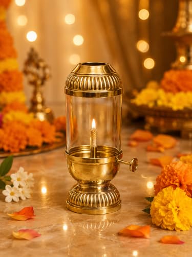 Image of K.N Creation Pure Brass Akhand Jyoti Diya Oil Lamp with Adjustable Bati Knob | Lifting Screw Wick Holder for Puja | Borosilicate Glass Cover (Small- Oil Capacity 80 ML) Stay Lit for 20 Hours