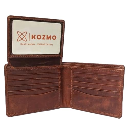 Real Leather Wallet | Color: Bourbon Brown | Stylish Bifold Wallet with 2 ID Windows | Compact Cowhide Leather Wallet for Men and Women by Kozmo