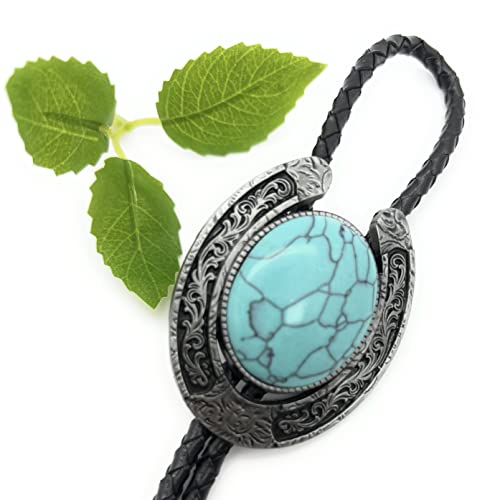 Amadw Vintage Bolo Tie For Men Blue Natural Turquoise Stone Western Cowboy Bolo Tie Handmade Genunie Leather For Women, 2.17Inch X 1.69Inch #TOP4