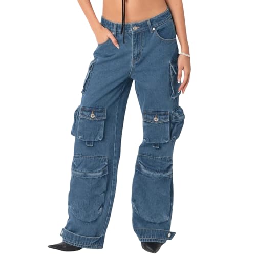 Womens Baggy Cargo Jeans Y2K Multi-Pocket Low Waist Wide Leg Pants Loose Trousers Grunge Clothes Hip Hop Streetwear