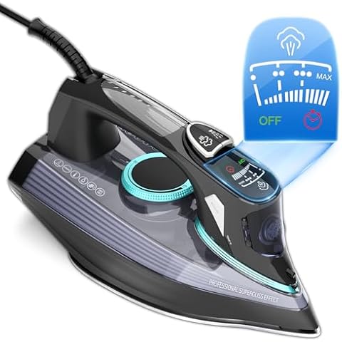 1700 Watt Steam Iron with Digital LED Screen, Ceramic Coated Soleplate, Anti-Drip, Self-Clean, 3-way Auto-Off Steam Iron for Variable Fabric, Medium Size Cover