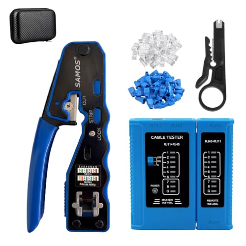 Samos® Crimpadora RJ45 Profesional con Tester RJ45 y Conectores – Kit Completo con Comprobador RJ45, Herramienta de Crimpado para Conectores y Terminales Eléctricos – Ideal para Redes Ethernet