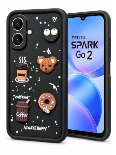 Image of Bintage Back Cover Compatible for Tecno KM4 / Spark Go 2 | Cute Fun Ball | 3D Taddy Smiley Coffee | Milk Case | Full Body Protection - Black