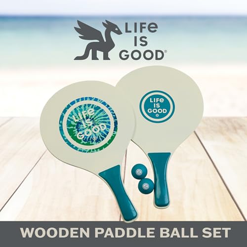 Image of Life Is Good Wooden Paddle Ball Set (Teal Tie Dye), 2 Thick Wood Paddles and 2 Balls, Classic Beach and Backyard Toss Game for Kids and Adults, Outdoor Summer Lawn and Park Activity