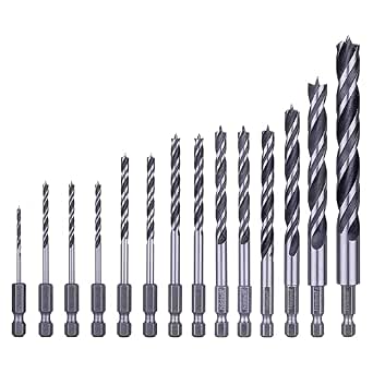14-Piece Brad Point Wood Drill Bit Set with 1/4" Hex Shank, Sizes 2mm to 12mm