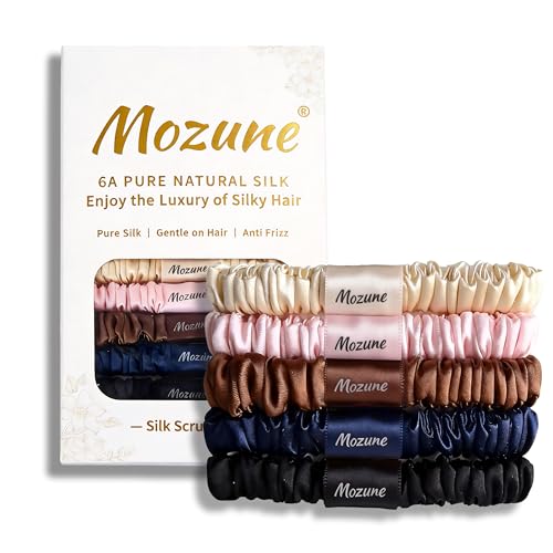 5Pcs Pure Silk Hair Scrunchies 100% Mulberry Silk 22-Momme Soft Skinny Hair Ties No Crease Frizz-Free No Snagging Lightweight Elastic Small Scrunchy for Women and Girls (Multicolor A)
