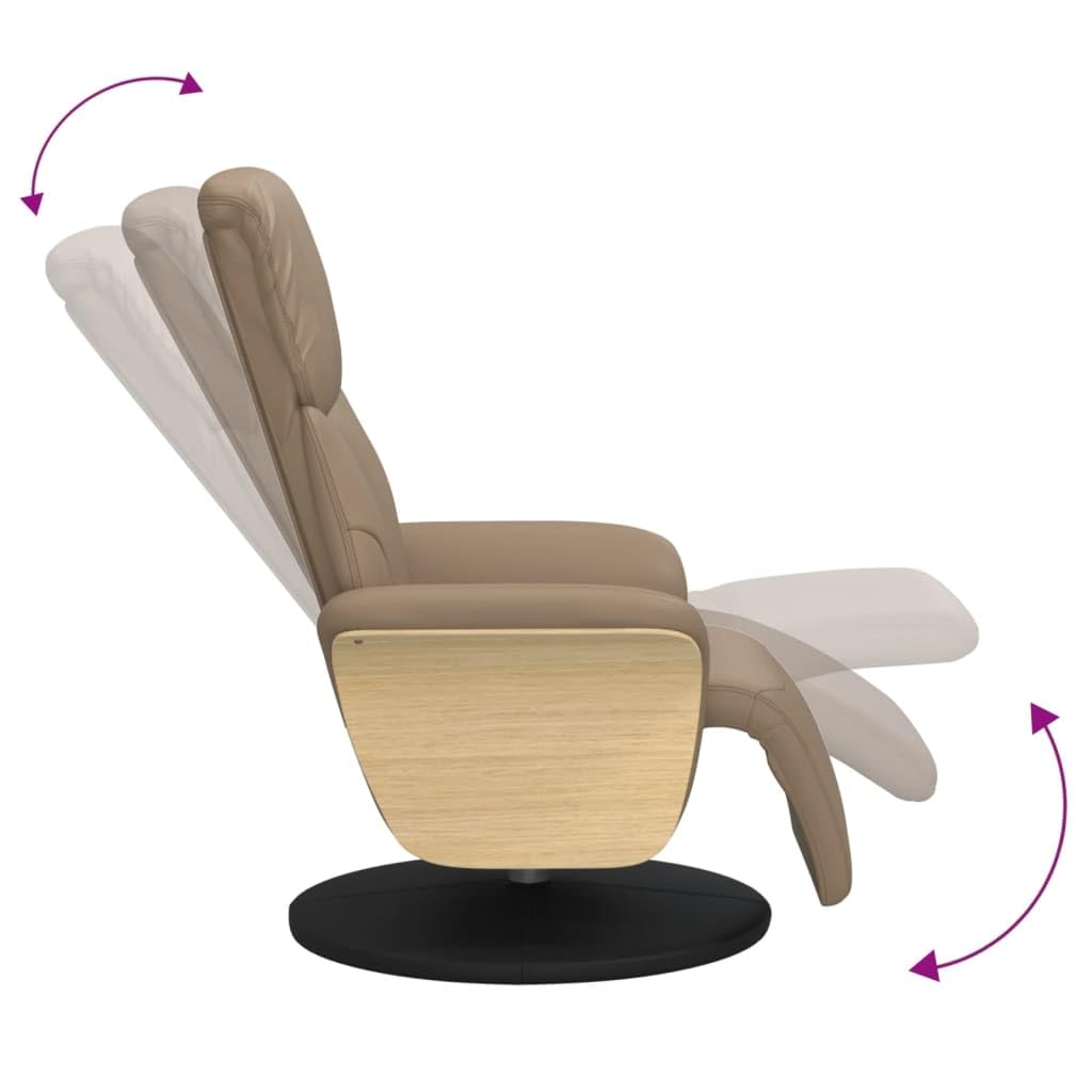 Fotel relaksacyjny z podnóżkiem, kolor brązowy cappuccino, sztuczna skóra, obrotowy, regulowany, z funkcją leżenia, ergonomiczny, wygodny, do salonu, biura, kącika do czytania, kominka