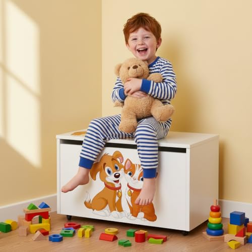 Leomark Holzspielzeugkiste auf Rädern, Sitzbank mit Stauraum, Spielzeugkiste mit Deckel, Kinderbank – Truhenbank für Kinder, weiße Aufbewahrungsbox 91L, Maße: 71cm x40,5cm x45cm (Hund und Katze) - 2