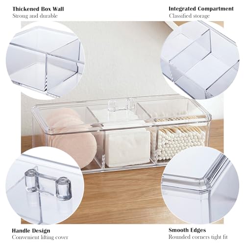 Image of Qtip Holder Dispenser 3 Compartments Cotton Ball Swab Holder with Lid Clear Bathroom Dresser Organizer Tea Bag Holder Acrylic Organizer for Cotton Ball and Swab, Round Pads, Hair Accessories