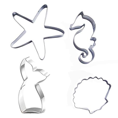 tyoungg 4 pcs/Set Mermaid Starfish Shell Hippocampus Sea Creatures Animal Shape Stainless Steel Cookie Cutter Fondant Cutter