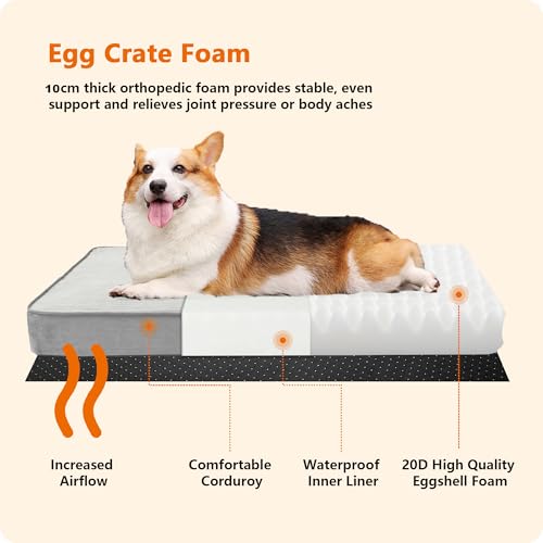 HMTOPE Orthopädisches Hundebett, 10cm Dicke Hundekissen für Mittelgroße Hunde, Grosse Hunde, Abnehmbar und Waschbar Hundematte, rutschfeste Unterseite, Wasserdichtes Innenfutter, 112 cm, Hellgrau