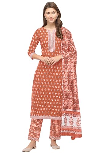 Image of MIRCHI FASHION Pure Cotton Straight Kurta Set with Dupatta | 3 Piece Ethnic Kurta Pant Set Office Wear Salwar Kurta Set for Women