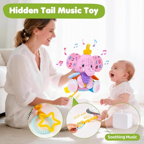 Image of Baby Girl Toys 0-6 6-12 Months, Sensory Musical Toddler Toy for 3 4 5 6 7 8 9+ Months, Pink Elephant Plush Infant Toy with Teether, Crinkle, Rattle Baby Mirror for Tummy Time Newborn